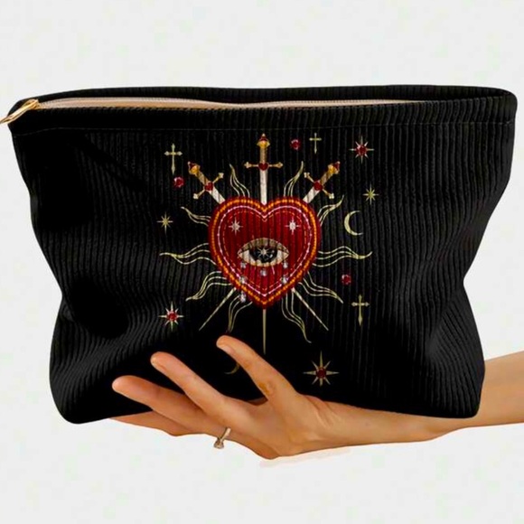SALE Sacred Heart and Sword Black Corduroy Cosmetic Bag - Picture 1 of 3